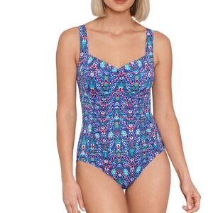 Swim Solutions Women's Tummy-Control Shirred One-Piece Swimsuit (Navy Multi, 12)